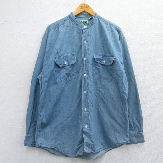 XL★古着 長袖 シャツ メンズ 00年代 00s コットン ノーカラー 薄紺 ネイビー デニム 【spe】 25apr19 中古 トップス