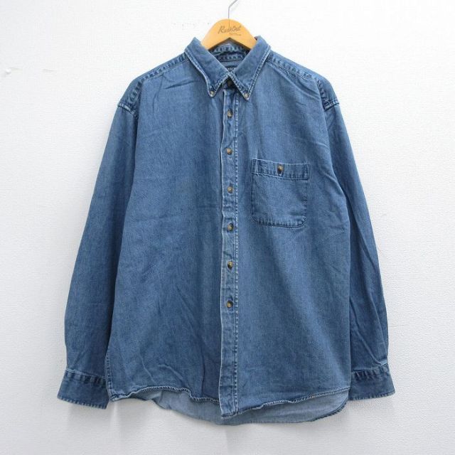 XL★古着 アロー 長袖 シャツ メンズ 大きいサイズ コットン ボタンダウン 紺 ネイビー デニム 25apr19 中古 トップス
