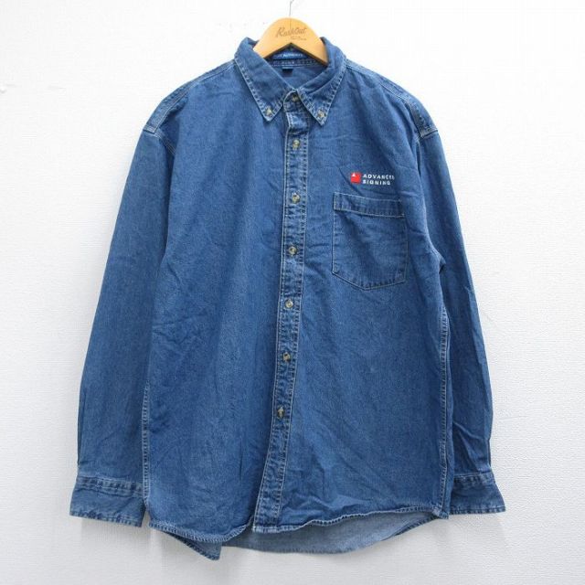 XL★古着 長袖 シャツ メンズ ADVANCED SIGNING コットン ボタンダウン 紺 ネイビー デニム 25apr19 中古 トップス