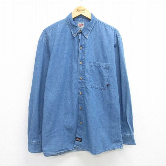 XL★古着 ディッキーズ Dickies 長袖 シャツ メンズ コットン ボタンダウン 紺 ネイビー デニム 【spe】 25apr21 中古 トップス