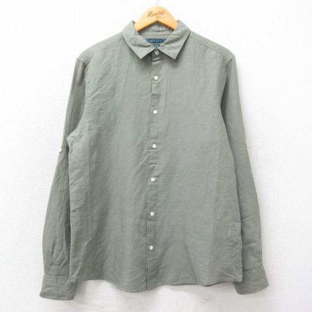 M★古着 ペリーエリス 長袖 シャツ メンズ リネン 緑系 グリーン 25apr23 中古 トップス