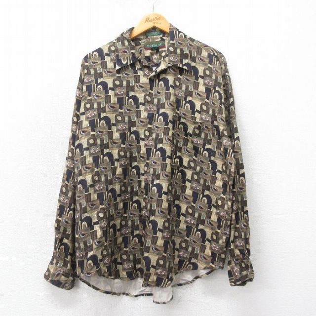 L★古着 長袖 シャツ メンズ 00年代 00s 鳥 総柄 シルク 開襟 オープンカラー 茶他 ブラウン 25apr23 中古 トップス