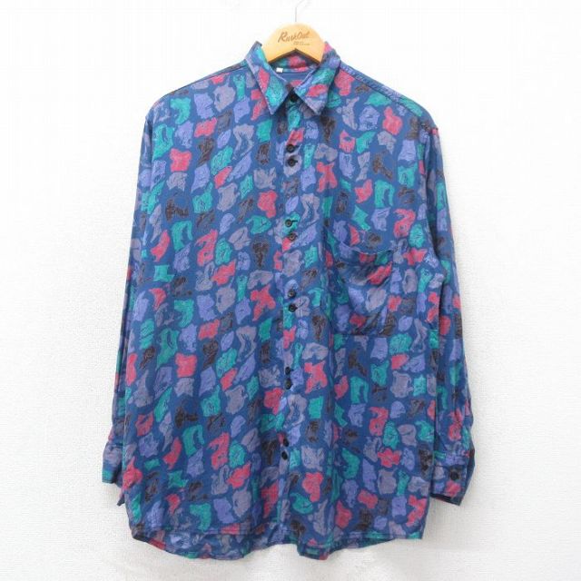 M★古着 長袖 シャツ メンズ 総柄 紺他 ネイビー 25apr23 中古 トップス
