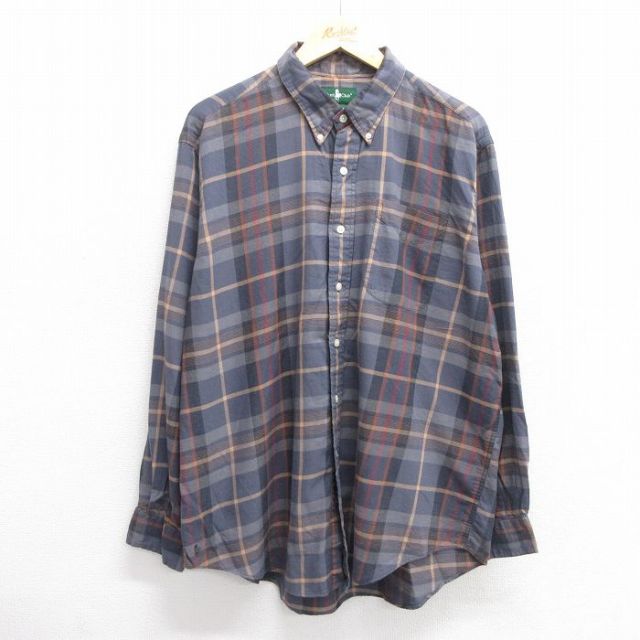 L★古着 長袖 シャツ メンズ 90年代 90s 馬 コットン ボタンダウン 濃グレー他 チェック 25apr23 中古 トップス