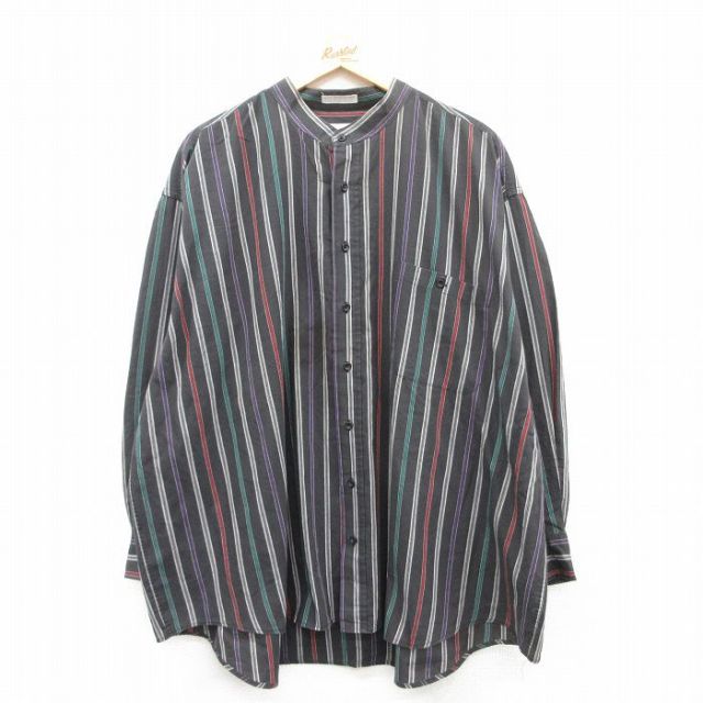 XL★古着 キングサイズ 長袖 シャツ メンズ 90年代 90s 大きいサイズ ノーカラー 黒他 ブラック ストライプ 【spe】 25apr23 中古 トップス