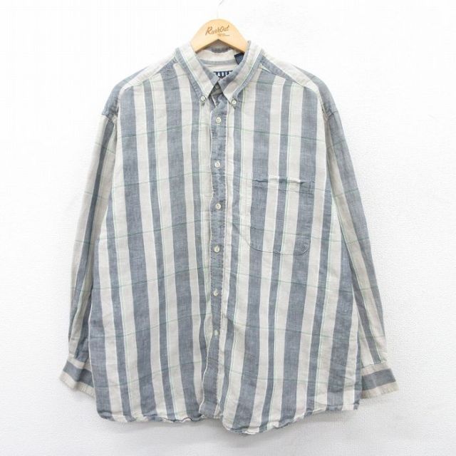 XL★古着 長袖 シャツ メンズ 00年代 00s 大きいサイズ リネン ボタンダウン 紺系他 ネイビー チェック 25apr23 中古 トップス