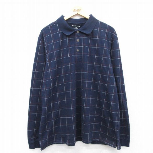 XL★古着 ピューリタン 長袖 ポロ シャツ メンズ 紺他 ネイビー チェック 25apr23 中古 トップス