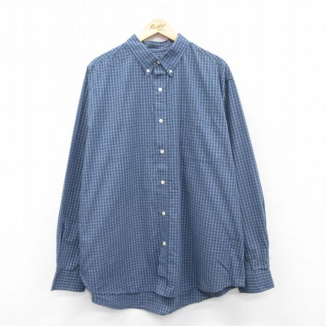 XL★古着 ピューリタン 長袖 シャツ メンズ 00年代 00s 大きいサイズ ロング丈 ボタンダウン 紺他 ネイビー チェック 25apr23 中古 トップス