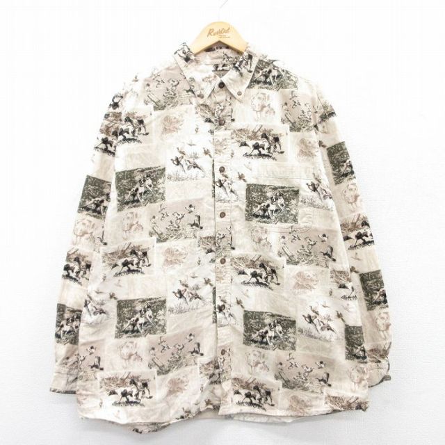 XL★古着 長袖 シャツ メンズ 犬 鳥 大きいサイズ ロング丈 コットン ボタンダウン ベージュ他 カーキ 25apr23 中古 トップス