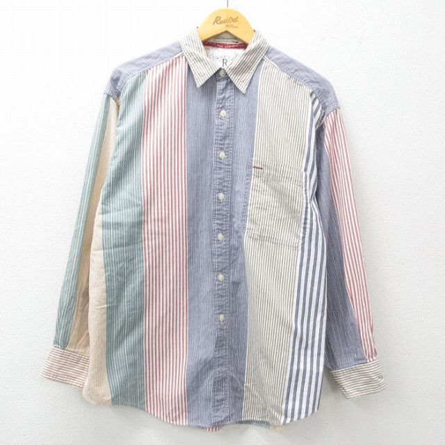 【50%OFF】XL★古着 アロー 長袖 シャツ メンズ 90年代 90s マルチカラー ロング丈 コットン 紺他 ネイビー ストライプ 【spe】 25apr25 中古 トップス