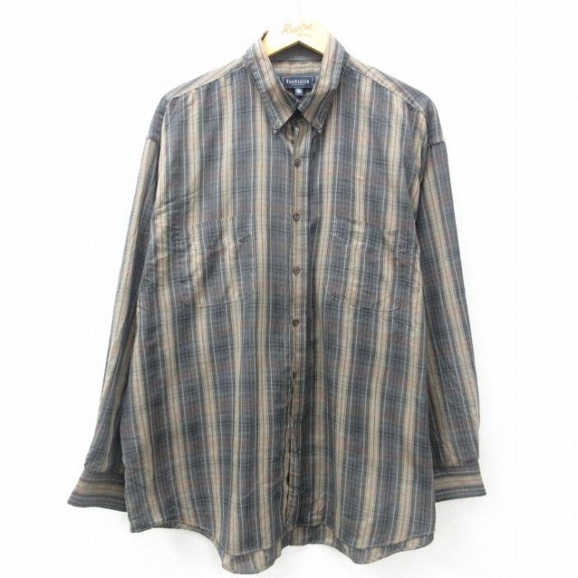 XL★古着 バンヒューセン 長袖 シャツ メンズ 大きいサイズ ボタンダウン ベージュ他 カーキ チェック 25apr25 中古 トップス