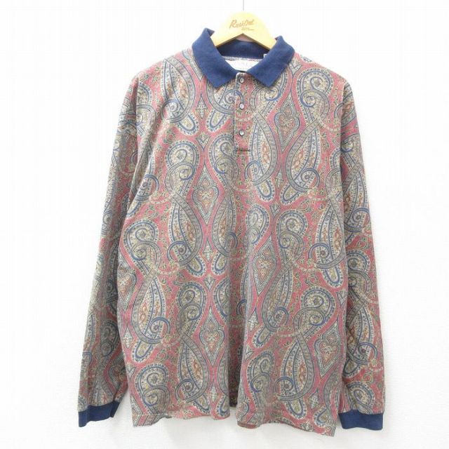 XL★古着 長袖 ポロ シャツ メンズ 90年代 90s ペイズリー柄 大きいサイズ コットン USA製 赤他 レッド 25apr25 中古 トップス