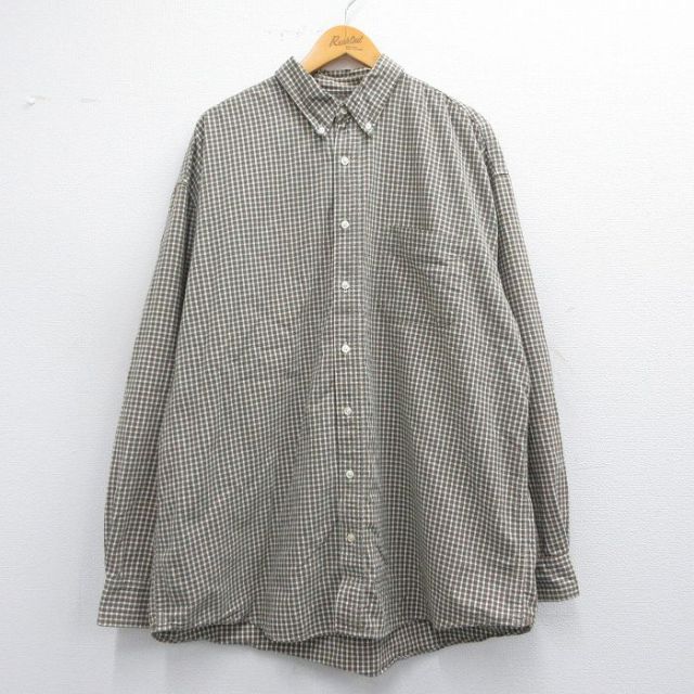 XL★古着 長袖 シャツ メンズ 90年代 90s 大きいサイズ ロング丈 コットン ボタンダウン 緑他 グリーン チェック 25apr25 中古 トップス