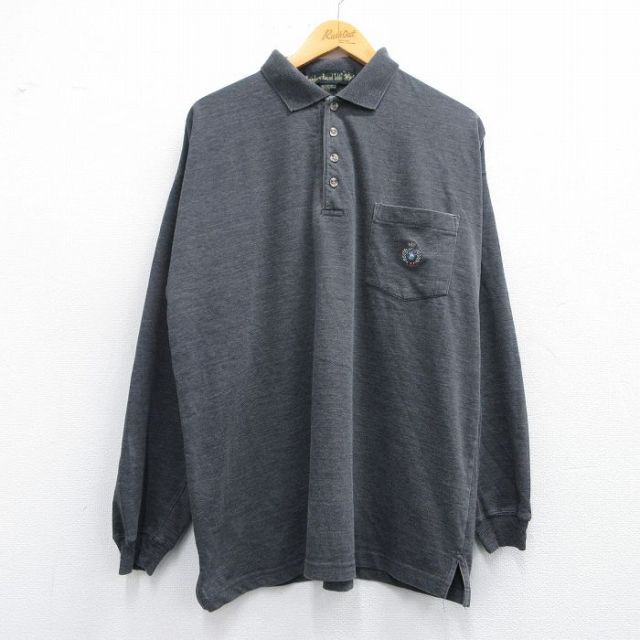 XL★古着 長袖 ポロ シャツ メンズ 90年代 90s ワンポイントロゴ グレー 霜降り 25apr25 中古 トップス