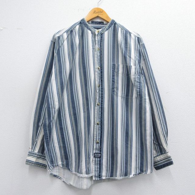 XL★古着 長袖 シャツ メンズ 90年代 90s コットン ノーカラー 白他 ホワイト ストライプ 25apr25 中古 トップス