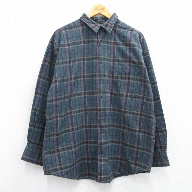 XL★古着 長袖 シャツ メンズ コットン 緑他 グリーン チェック 25apr28 中古 トップス