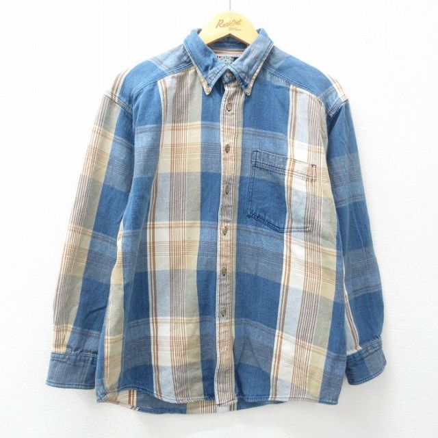 L★古着 長袖 シャツ メンズ 00年代 00s コットン ボタンダウン 紺他 ネイビー チェック 25may08 中古 トップス