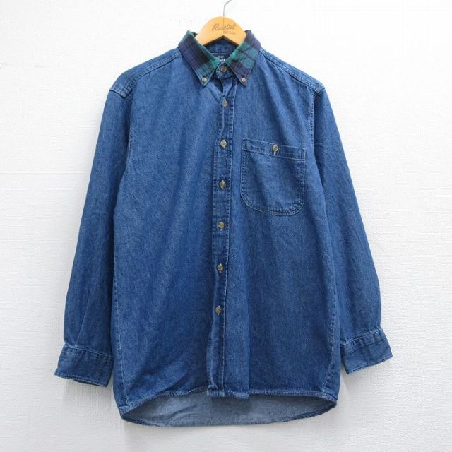 L★古着 長袖 シャツ メンズ 90年代 90s コットン ボタンダウン USA製 紺 ネイビー デニム他 【spe】 25may12 中古 トップス