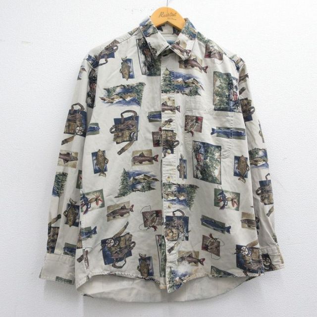L★古着 ウールリッチ WOOLRICH 長袖 シャツ メンズ 釣り 魚 ルアー 総柄 コットン 薄ベージュ系他 カーキ 25may12 中古 トップス