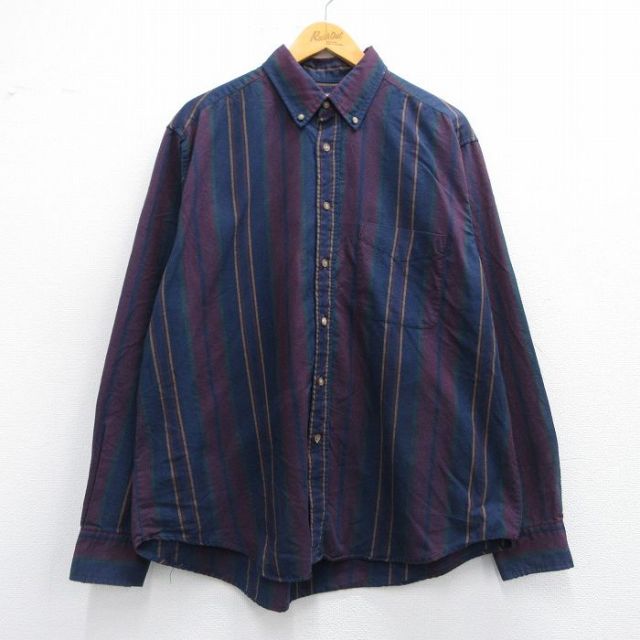 XL★古着 長袖 シャツ メンズ 大きいサイズ ボタンダウン 紺他 ネイビー ストライプ 25may14 中古 トップス
