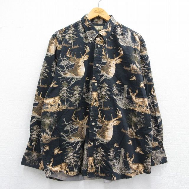 【20%OFF】XL★古着 長袖 シャツ メンズ シカ コットン ボタンダウン 黒他 ブラック 25may14 中古 トップス