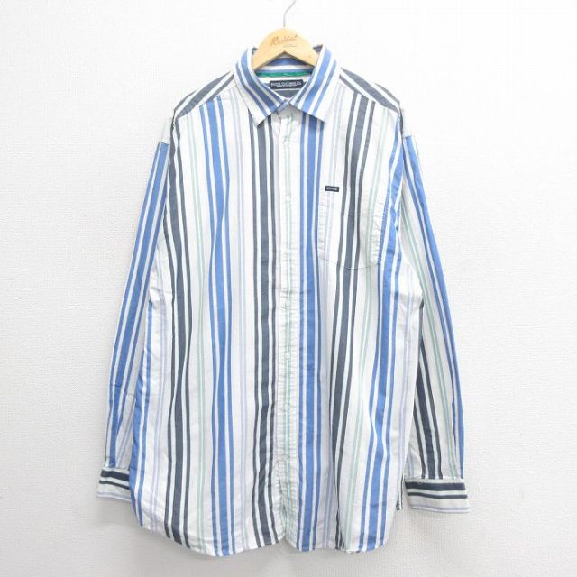 【20%OFF】XL★古着 ENYCE 長袖 シャツ メンズ 大きいサイズ ロング丈 コットン 白他 ホワイト ストライプ 25may26 中古 トップス