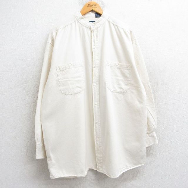 XL★古着 長袖 シャツ メンズ 90年代 90s 大きいサイズ ロング丈 コットン ノーカラー 生成り 25may28 中古 トップス