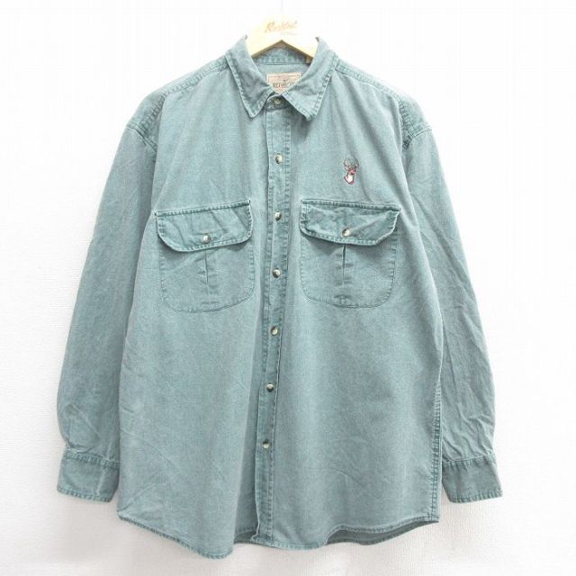 XL★古着 レッドヘッド 長袖 シャツ メンズ コットン 緑 グリーン 25may29 中古 トップス