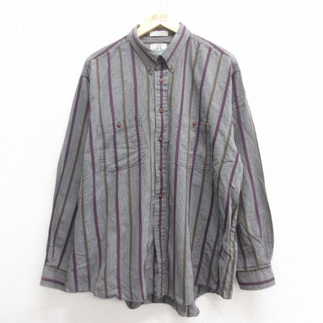 【20%OFF】XL★古着 バンヒューセン 長袖 シャツ メンズ 00年代 00s 大きいサイズ コットン ボタンダウン グレー他 ストライプ 25may29 中古 トップス