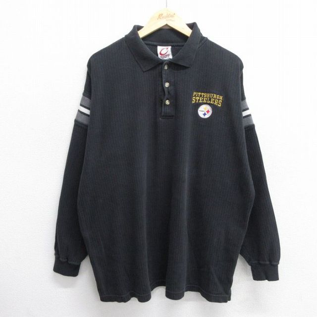 【20%OFF】XL★古着 長袖 ポロ シャツ メンズ NFL ピッツバーグスティーラーズ 大きいサイズ コットン 黒他 ブラック アメフト スーパーボウル 25may30 中古 トップス