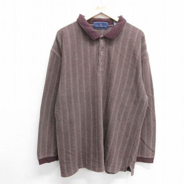 XL★古着 長袖 ポロ シャツ メンズ 90年代 90s コットン USA製 えんじ系他 ストライプ 25may30 中古 トップス