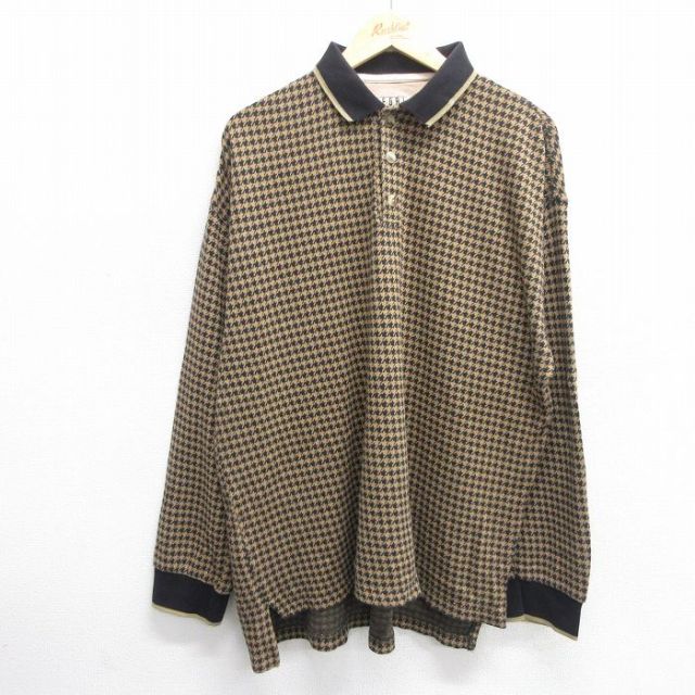 XL★古着 長袖 ポロ シャツ メンズ 00年代 00s 千鳥格子 大きいサイズ コットン 黒他 ブラック 25may30 中古 トップス