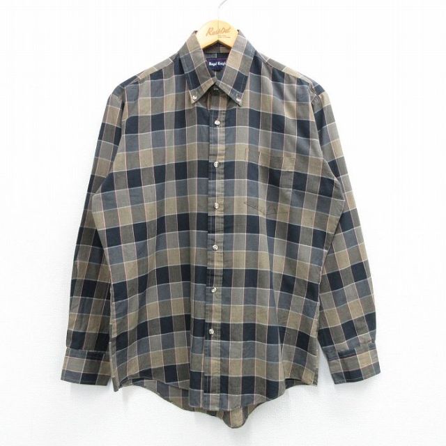 L★古着 長袖 シャツ メンズ 90年代 90s ボタンダウン ベージュ他 カーキ チェック 25may30 中古 トップス