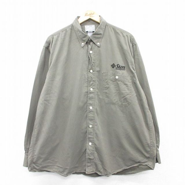 【50%OFF】XL★古着 長袖 シャツ メンズ 00年代 00s Sun マイクロシステム 大きいサイズ ロング丈 コットン ボタンダウン 濃緑系 グリーン 25may30 中古 トップス