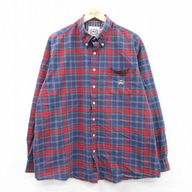 XL★古着 長袖 シャツ メンズ 90年代 90s ワンポイントロゴ 大きいサイズ ロング丈 コットン ボタンダウン 紺他 ネイビー チェック 25may30 中古 トップス