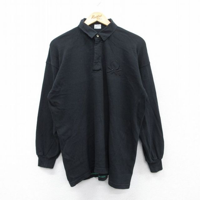 L★古着 ベネトン BENETTON 長袖 ラガー シャツ メンズ 80年代 80s コットン イタリア製 黒 ブラック 25may30 中古 トップス