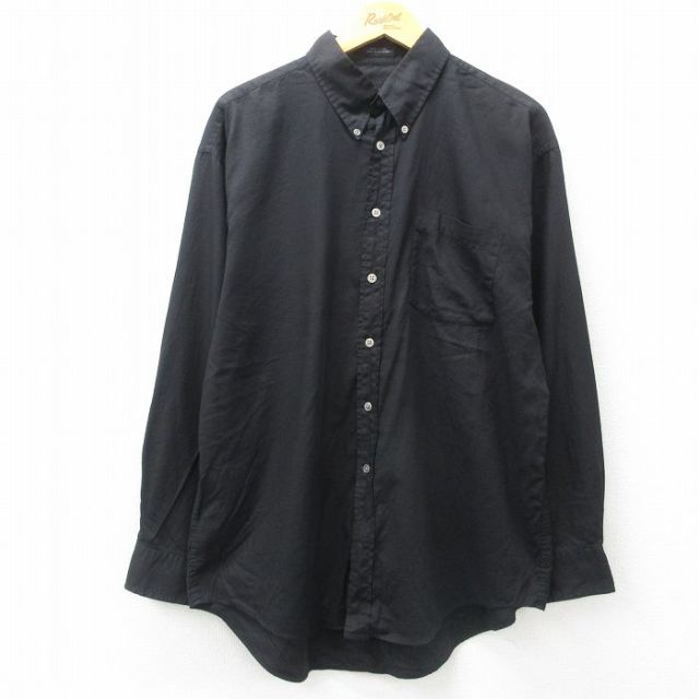XL★古着 長袖 シャツ メンズ ロング丈 コットン ボタンダウン 黒 ブラック 25may31 中古 トップス