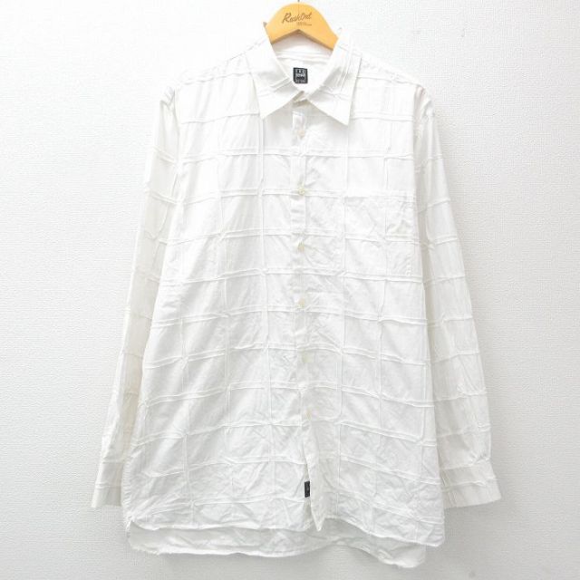 XL★古着 長袖 シャツ メンズ パッチワーク 大きいサイズ ロング丈 コットン 白 ホワイト 25jun03 中古 トップス