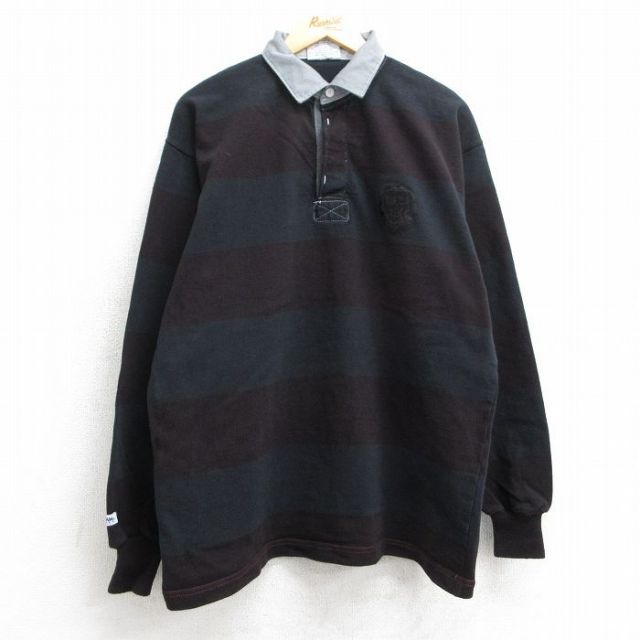 XL★古着 バーバリアン 長袖 ラガー シャツ メンズ 90年代 90s ハーバード コットン カナダ製 黒他 ブラック ボーダー 【spe】 25jun10 中古 トップス