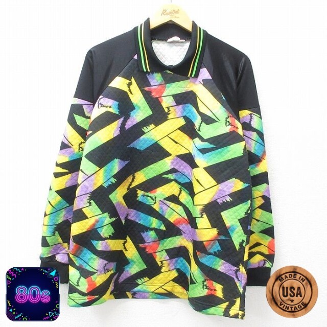 【50%OFF】80s ラグラン長袖トップス 総柄 ブラック L | 古着
