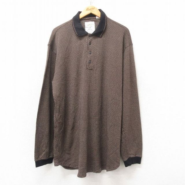 XL★古着 長袖 ポロ シャツ メンズ 大きいサイズ ロング丈 こげ茶 ブラウン 25jun16 中古 トップス