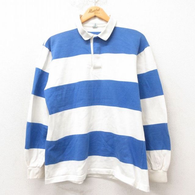 M★古着 長袖 ラガー シャツ メンズ 90年代 90s コットン USA製 青 ブルー ボーダー 25jun16 中古 トップス