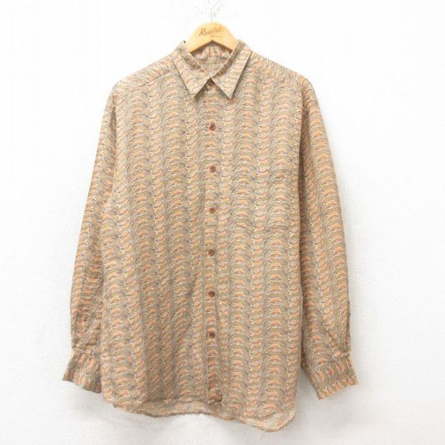 【50%OFF】L★古着 長袖 シャツ メンズ 00年代 00s 魚 リネン 茶 ブラウン 25jun16 中古 トップス
