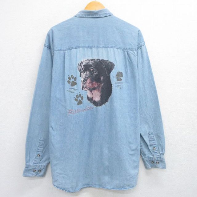 XL★古着 長袖 シャツ メンズ 犬 ロング丈 コットン ボタンダウン 紺 ネイビー デニム 【spe】 25jun19 中古 トップス