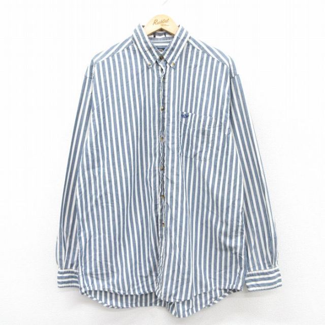 XL★古着 ドッカーズ 長袖 シャツ メンズ 90年代 90s ワンポイントロゴ ロング丈 コットン ボタンダウン 紺他 ネイビー ストライプ 25jun23 中古 トップス