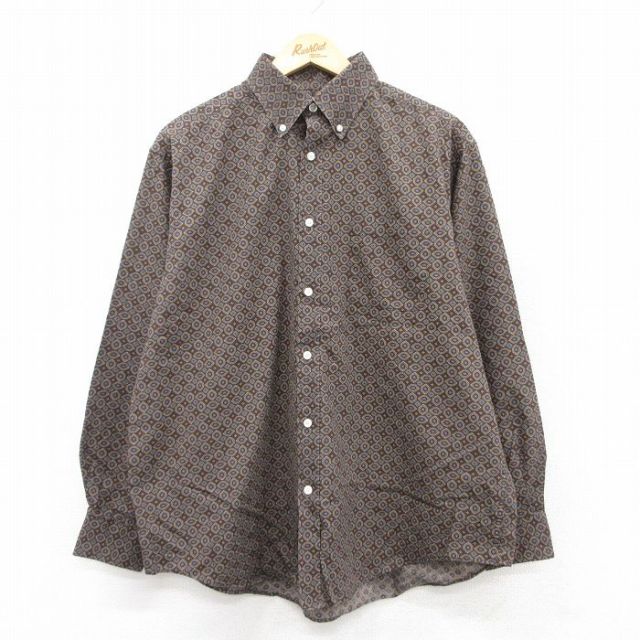 XL★古着 長袖 シャツ メンズ 総柄 コットン ボタンダウン 茶他 ブラウン 25jun23 中古 トップス