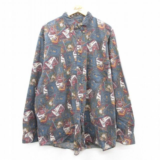 XL★古着 長袖 シャツ メンズ 00年代 00s 本 総柄 大きいサイズ ロング丈 コットン ボタンダウン 紺他 ネイビー 25jun23 中古 トップス