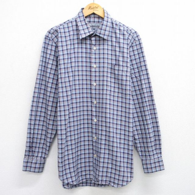 L★古着 長袖 シャツ メンズ ロング丈 コットン イタリア製 薄紺他 ネイビー チェック 25jun23 中古 トップス