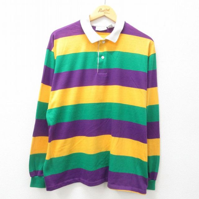 XL★古着 長袖 ラガー シャツ メンズ 90年代 90s USA製 緑他 グリーン ボーダー 【spe】 25jun23 中古 トップス