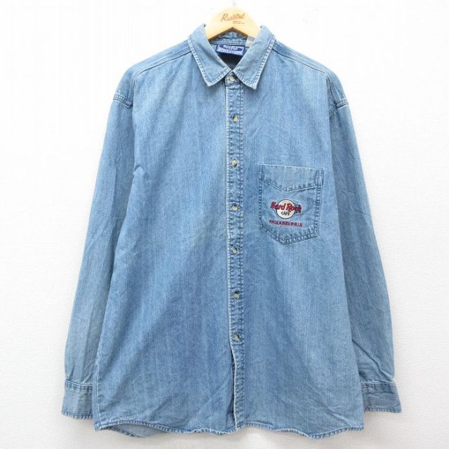 XL★古着 長袖 シャツ メンズ 00年代 00s ハードロックカフェ フィラデルフィア ロング丈 コットン ボタンダウン 紺 ネイビー デニム 25jun25 中古 トップス